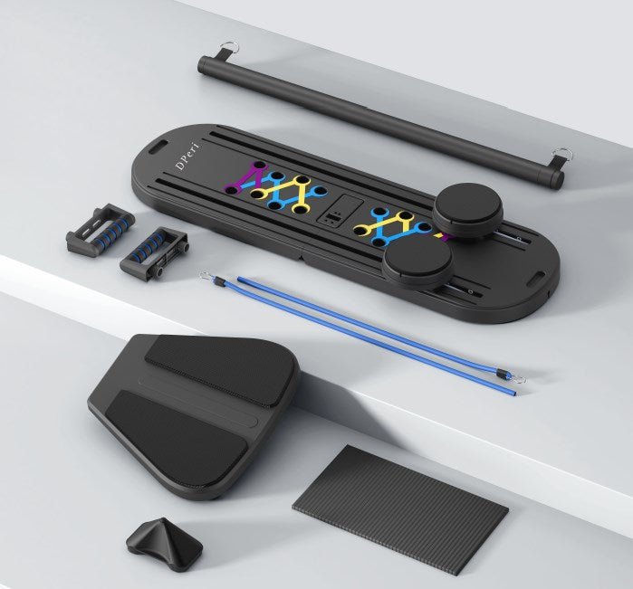 DPeri® Pilates Board Pro+ 6-in-1 Multifunktionales Home-Reformer-Set mit Bar, Widerstandsbändern & Push-up-Griffen Faltbares Ganzkörper-Trainingssystem für Zuhause