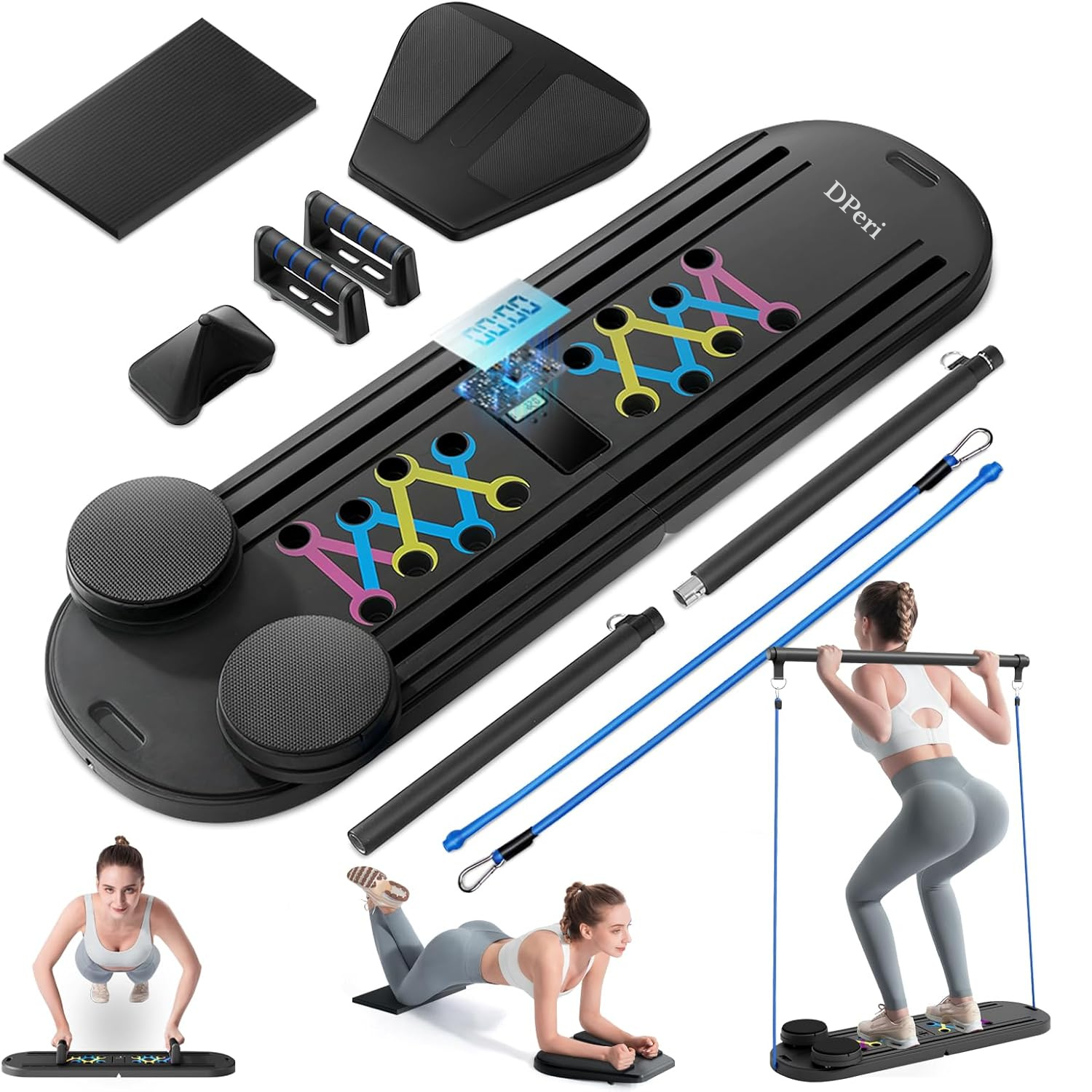 DPeri® Pilates Board Pro+ 6-in-1 Multifunktionales Home-Reformer-Set mit Bar, Widerstandsbändern & Push-up-Griffen Faltbares Ganzkörper-Trainingssystem für Zuhause
